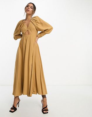 ASOS EDITION pleat shoulder midi dress with cut out back in camel-Neutral