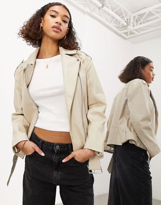 ASOS EDITION real leather oversized moto jacket in stone-Neutral