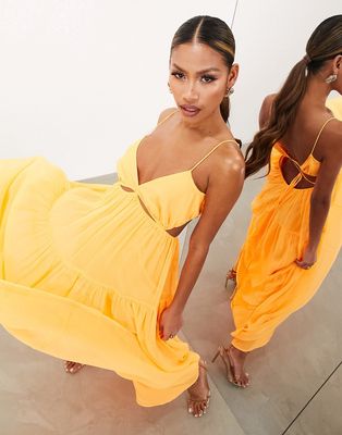 ASOS EDITION ruched gathered waist chiffon cami maxi dress in clementine-Orange
