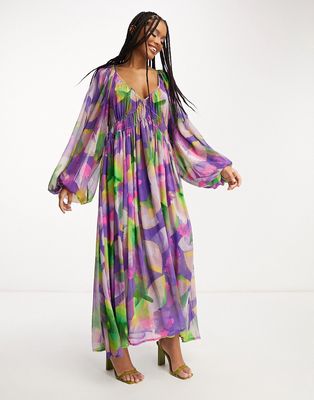 ASOS EDITION ruched gathered waist chiffon maxi dress in abstract floral print-Purple