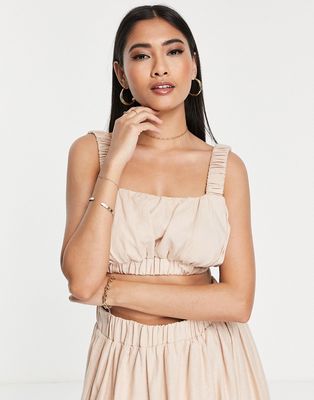 ASOS EDITION ruched linen crop top with elastic straps in stone-White
