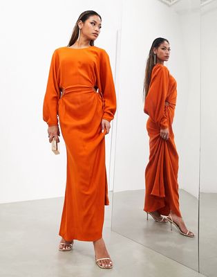 ASOS EDITION ruched side cowl back maxi dress in rust-Orange