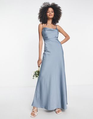 ASOS EDITION satin cowl neck maxi dress with full skirt in dusky blue