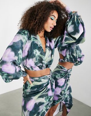 ASOS EDITION satin drape blouson sleeve top with open back in blurred floral print-Multi