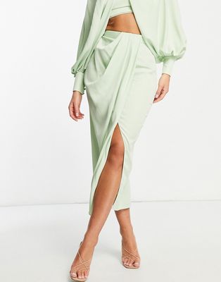 ASOS EDITION satin drape front midi skirt in green