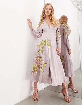 ASOS EDITION satin long sleeve midi dress in floral embroidery in lilac-Purple