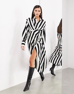 ASOS EDITION satin long sleeve shirt dress in monochrome stripe-Black