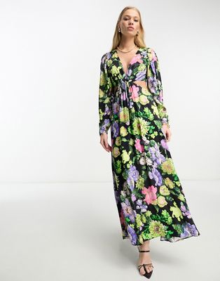 ASOS EDITION satin midi dress with cut out back in bright floral print-Black