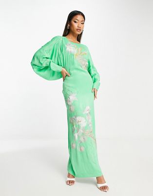 ASOS EDITION satin phoenix embroidery batwing midi dress with v back in apple green