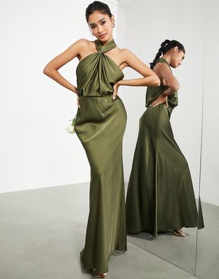 ASOS Edition satin ruched halter neck maxi dress in olive-Green