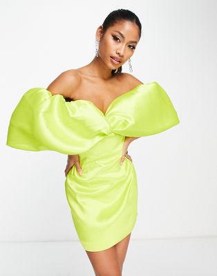 ASOS EDITION satin twill off shoulder mini dress with twist bust detail in chartreuse-Yellow