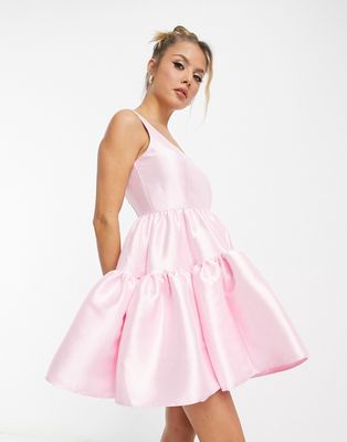 ASOS EDITION satin twill tiered mini dress in sugar pink