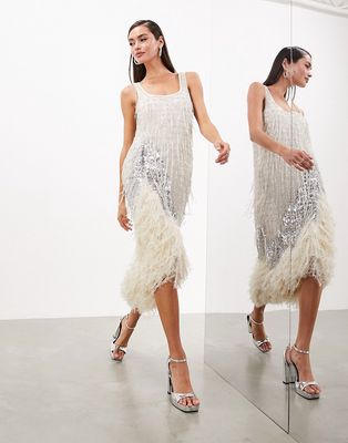 ASOS EDITION scoop neck embellished tassel midi dress with faux feather hem in silver