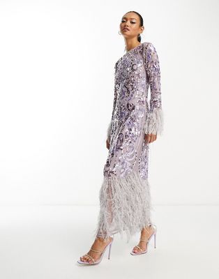 ASOS EDITION sequin and faux feather fringe midi dress in lilac-Purple