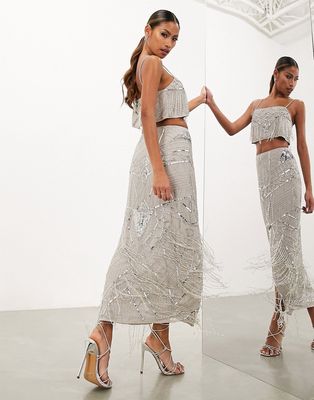ASOS Edition sequin and fringe artwork midi skirt in pale gray