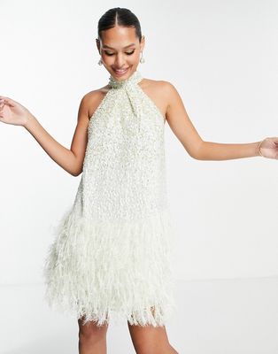 ASOS EDITION sequin halter mini dress with faux feather hem in sage green