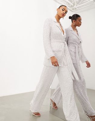 ASOS EDITION sequin wide leg wedding pants in ivory-White