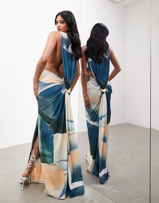ASOS EDITION sleeveless drape detail maxi dress with plate trim in blue abstract print-Multi