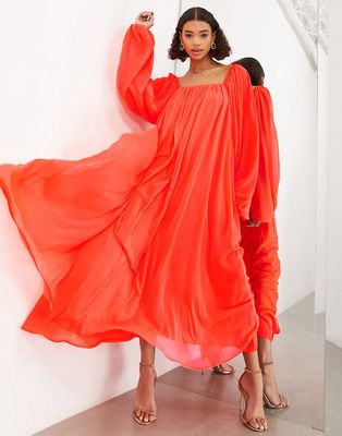 ASOS EDITION square neck chiffon maxi dress in neon coral-Orange