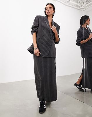 ASOS EDITION tailored maxi skirt in charcoal pinstripe-Black