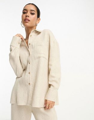 ASOS EDITION textured linen mix oversized shirt in stone-Neutral