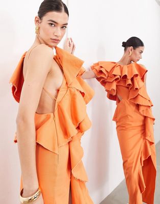 ASOS EDITION ultimate raw edge one shoulder ruffle maxi dress in orange