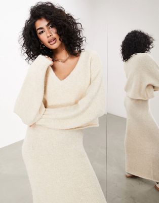 ASOS EDITION v neck long sleeve knit sweater in stone-Neutral