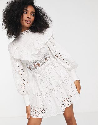 ASOS EDITION waisted broderie mini dress with ruffle detail in white