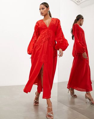 ASOS EDITION waisted plunge midi dress with cutwork in tomato red