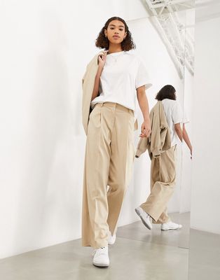 ASOS EDITION wide leg pleat front pants in stone-Neutral