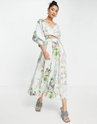 ASOS EDITION wrap bodice midi dress with full skirt in floral bloom print-Multi
