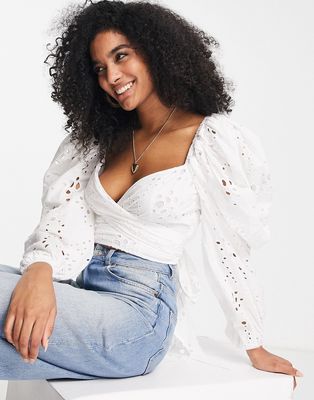 ASOS EDITION wrap front broderie crop top with tie back in white