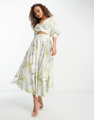 ASOS EDITION wrap front linen midi dress in botanical floral print-Multi