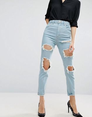 ASOS FARLEIGH High Waist Slim Mom Jeans In Eternal Chalky Light Stonewash with Extreme Rips-Blue
