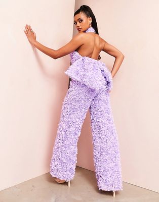 ASOS LUXE 3D floral open back jumpsuit with oversized bow in lilac-Purple