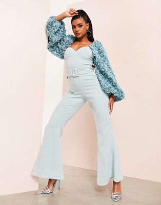 ASOS LUXE 3D floral sleeve jumpsuit with belt in blue