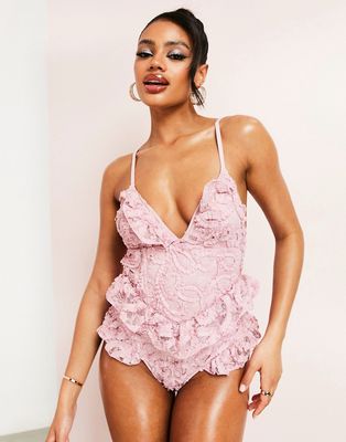 ASOS LUXE 3D floral swimsuit with ruffle detail in pink