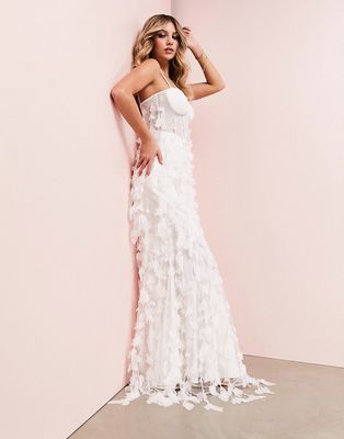 ASOS LUXE 3D fringe cupped fishtail maxi dress in white