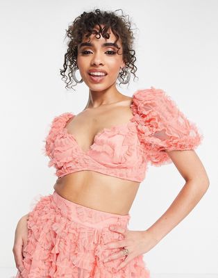 ASOS LUXE 3D lace crop top with puff sleeves in coral-Pink