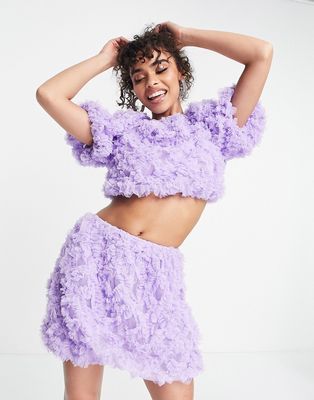 ASOS LUXE 3D lace puff ball mini skirt in lilac-Purple