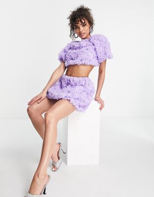 ASOS LUXE 3D lace puff sleeve open back crop top in lilac-Purple