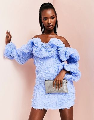 ASOS LUXE 3D lace ruffle bardot mini dress in blue