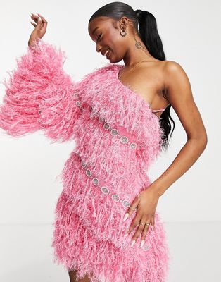 ASOS LUXE all over faux feather one sleeve mini dress in pink