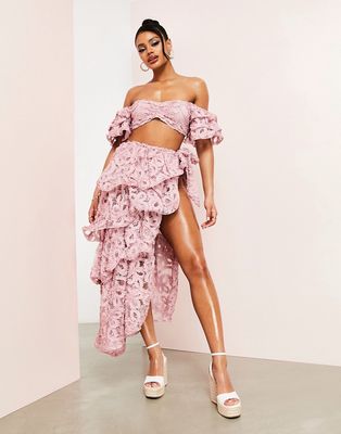ASOS LUXE beach 3D floral wrap tiered wired maxi skirt in pink - part of a set