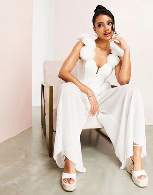 ASOS LUXE beach sheer wide leg pants with tulle corsage waist in white