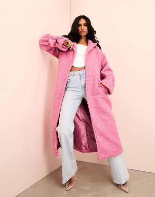 ASOS LUXE borg long line trench coat with belted waist in pink