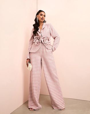 ASOS LUXE boucle dogtooth wide leg suit pants in pink and white