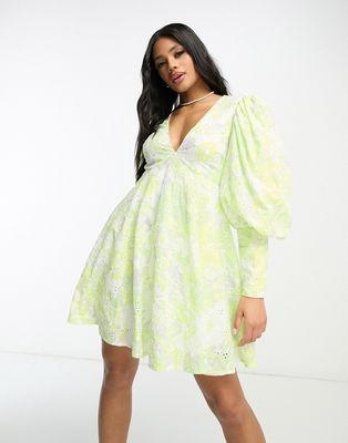 ASOS LUXE broderie keyhole mini smock dress in lime green floral
