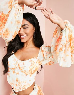 ASOS LUXE chiffon corset top with blouson sleeve in floral print - part of a set-Multi