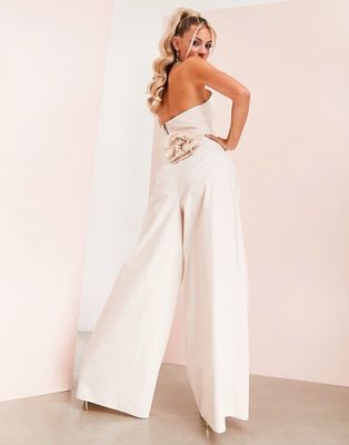 ASOS LUXE corsage poplin wide leg pleated pants in blush - part of a set-Neutral